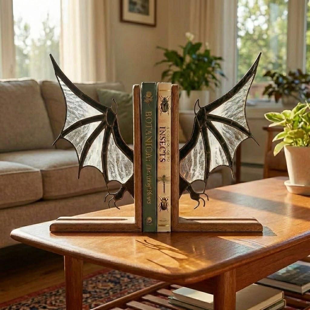 Pair of handmade stained glass dragon wing bookends on solid oak base, red and black fantasy decor, wyvern wings for bookshelf, fourth wing gift.