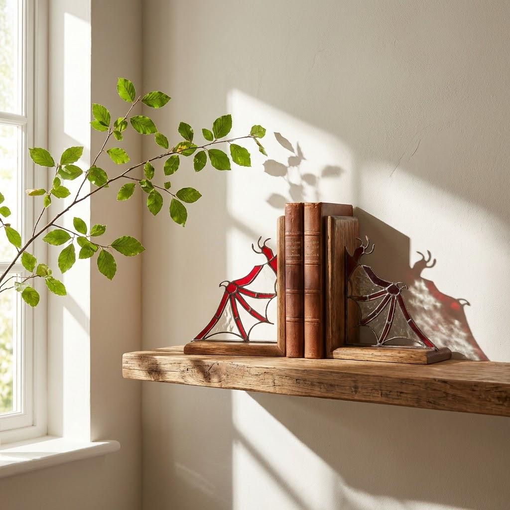 Pair of handmade stained glass dragon wing bookends on solid oak base, red and black fantasy decor, wyvern wings for bookshelf, fourth wing gift.