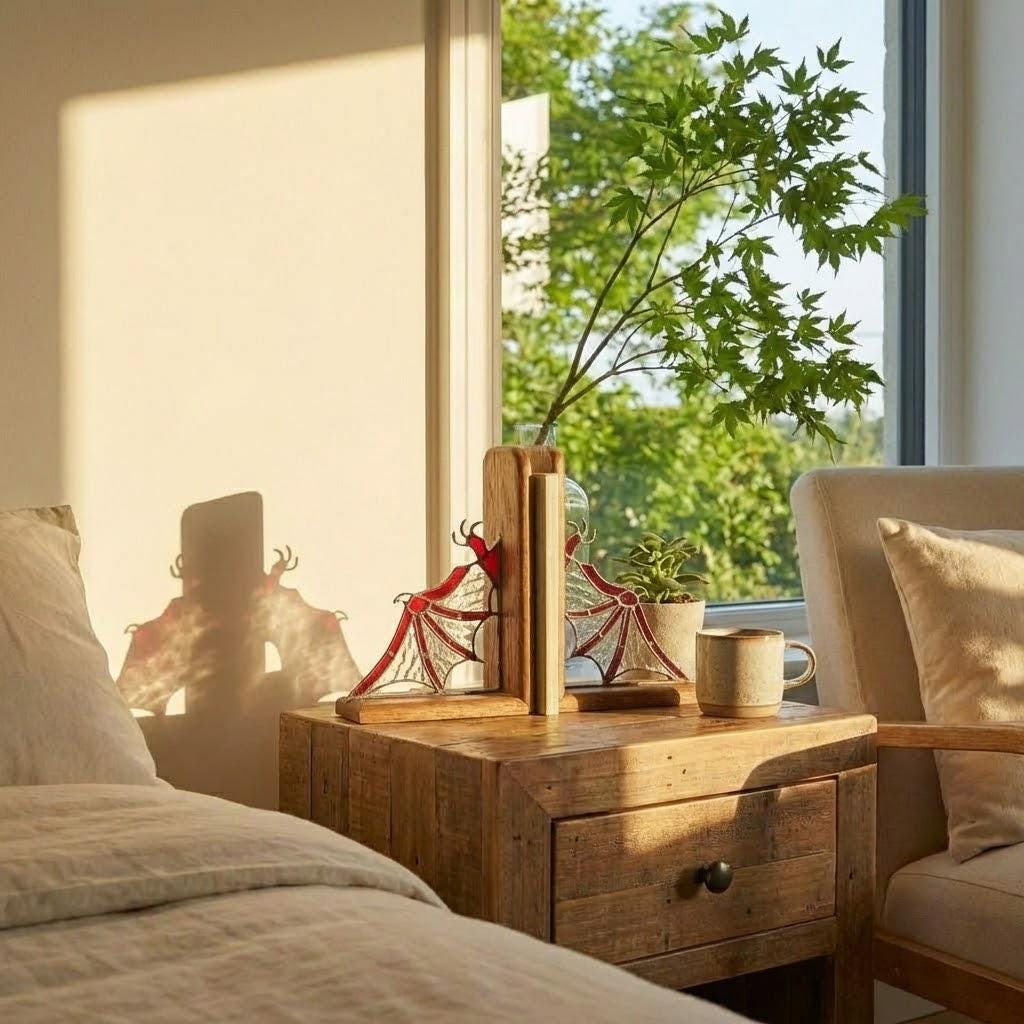 Pair of handmade stained glass dragon wing bookends on solid oak base, red and black fantasy decor, wyvern wings for bookshelf, fourth wing gift.