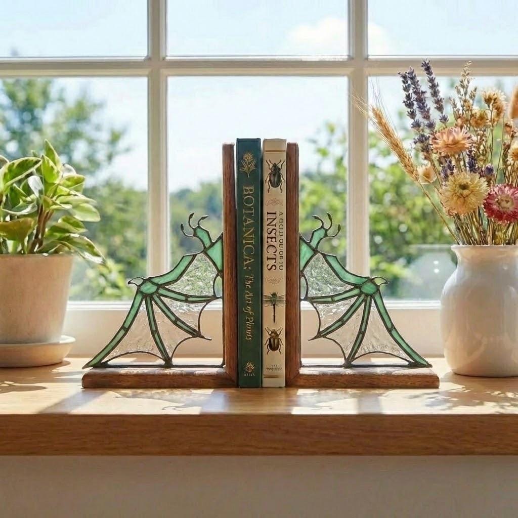 Pair of handmade stained glass dragon wing bookends on solid oak base, red and black fantasy decor, wyvern wings for bookshelf, fourth wing gift.