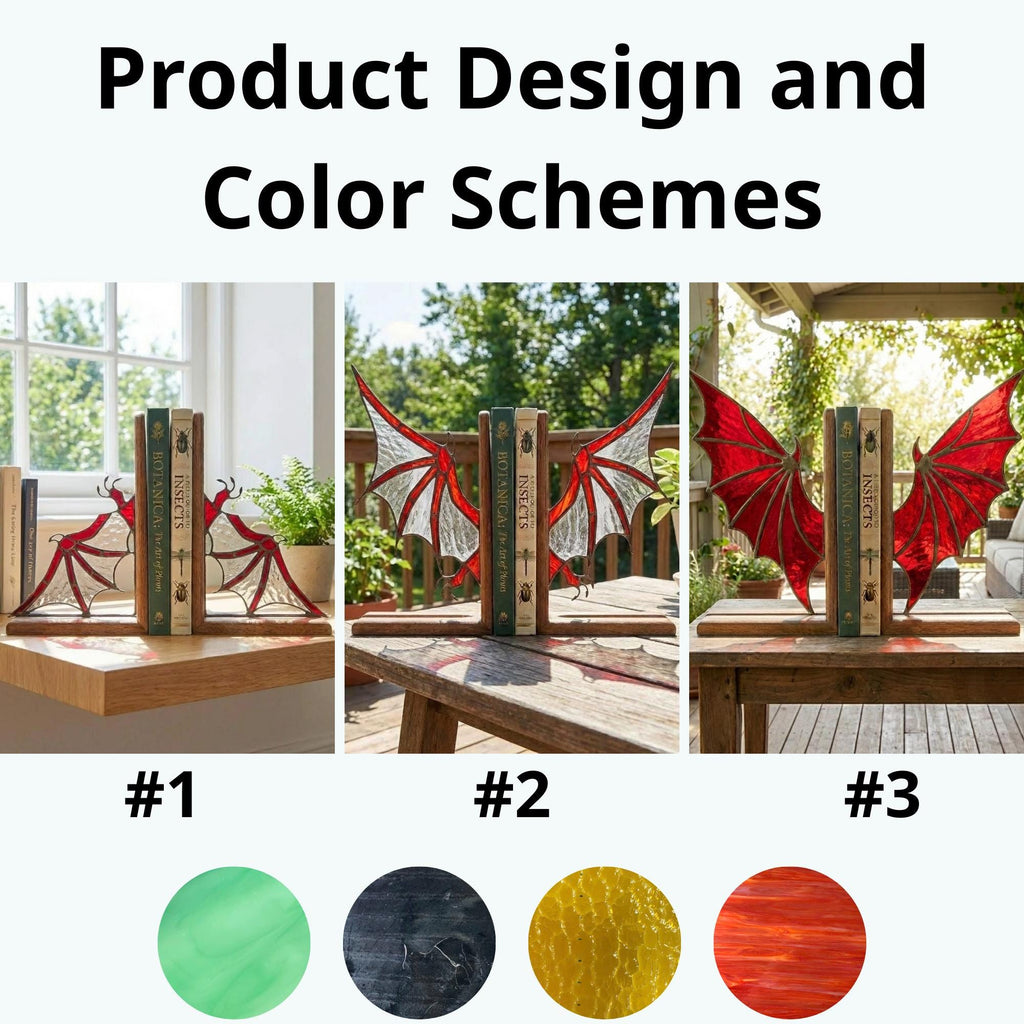 Pair of handmade stained glass dragon wing bookends on solid oak base, red and black fantasy decor, wyvern wings for bookshelf, fourth wing gift.