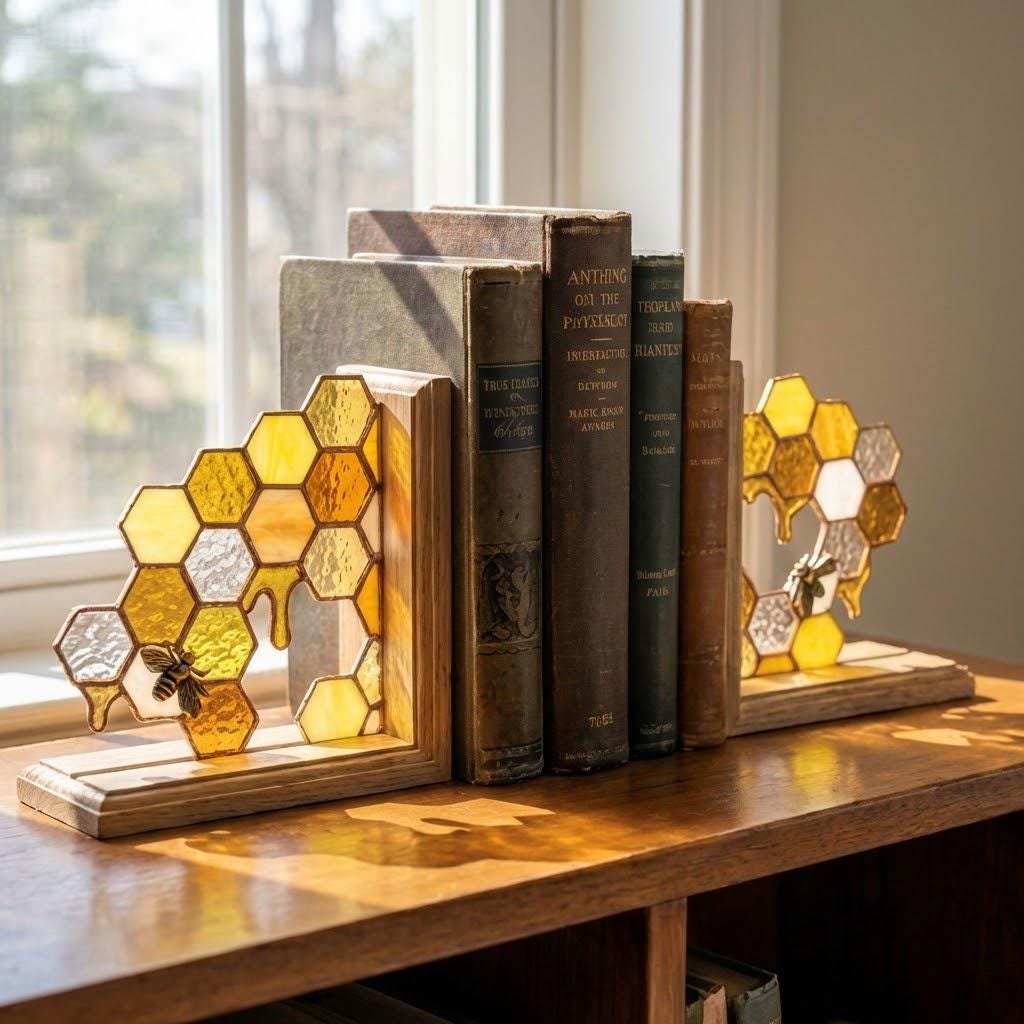 Handmade stained glass honeycomb bookends with metal bee detail, amber glass casting golden shadows, solid oak wood base for heavy books.