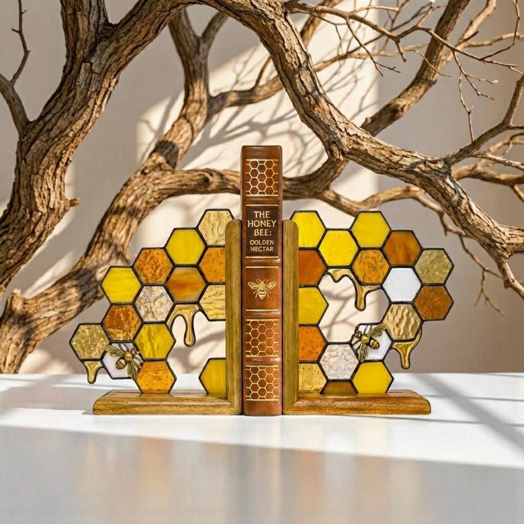 Handmade stained glass honeycomb bookends with metal bee detail, amber glass casting golden shadows, solid oak wood base for heavy books.
