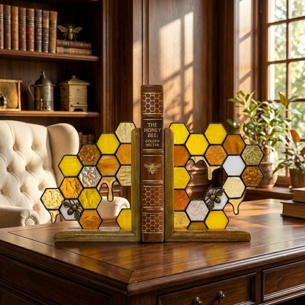 Handmade stained glass honeycomb bookends with metal bee detail, amber glass casting golden shadows, solid oak wood base for heavy books.