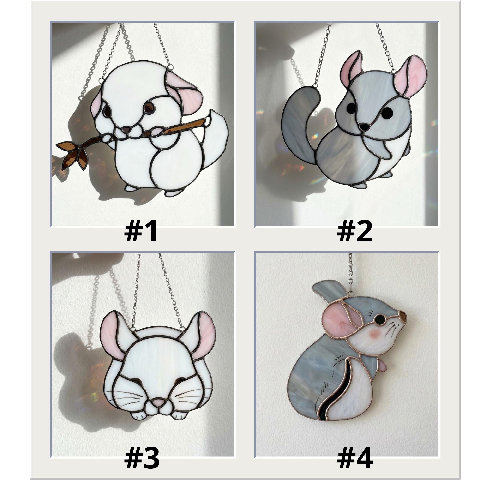 Handmade stained glass chinchilla suncatcher, cute white and grey rodent holding a branch, kawaii animal window hanging for pet lovers.