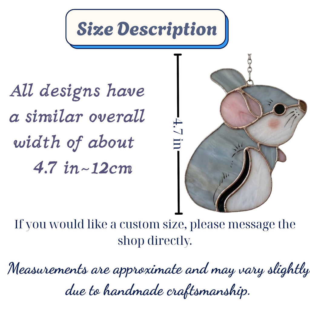 Handmade stained glass chinchilla suncatcher, cute white and grey rodent holding a branch, kawaii animal window hanging for pet lovers.