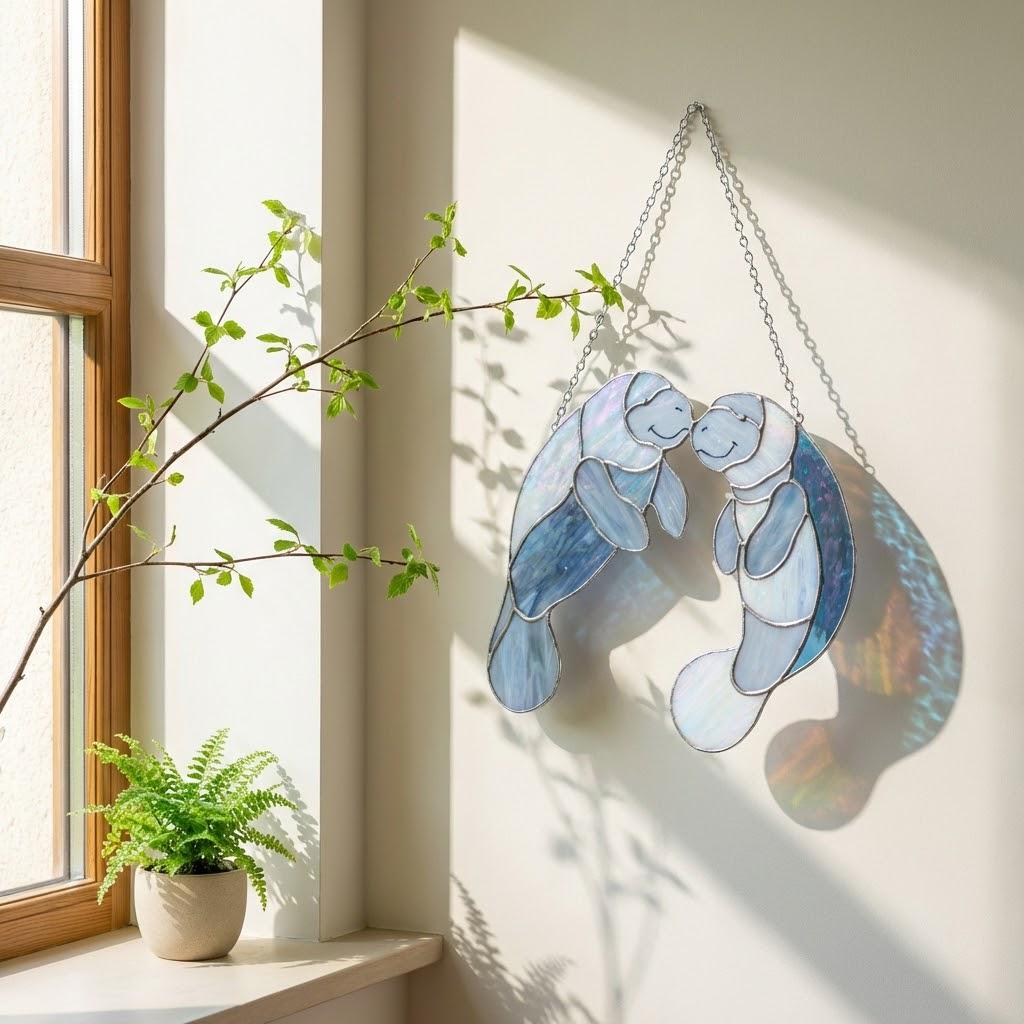Handmade stained glass manatee suncatcher, mother and baby sea cow swimming, blue and white textured glass, ocean nursery decor, coastal window art.