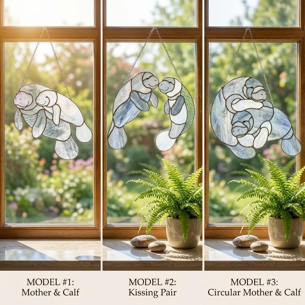 Handmade stained glass manatee suncatcher, mother and baby sea cow swimming, blue and white textured glass, ocean nursery decor, coastal window art.