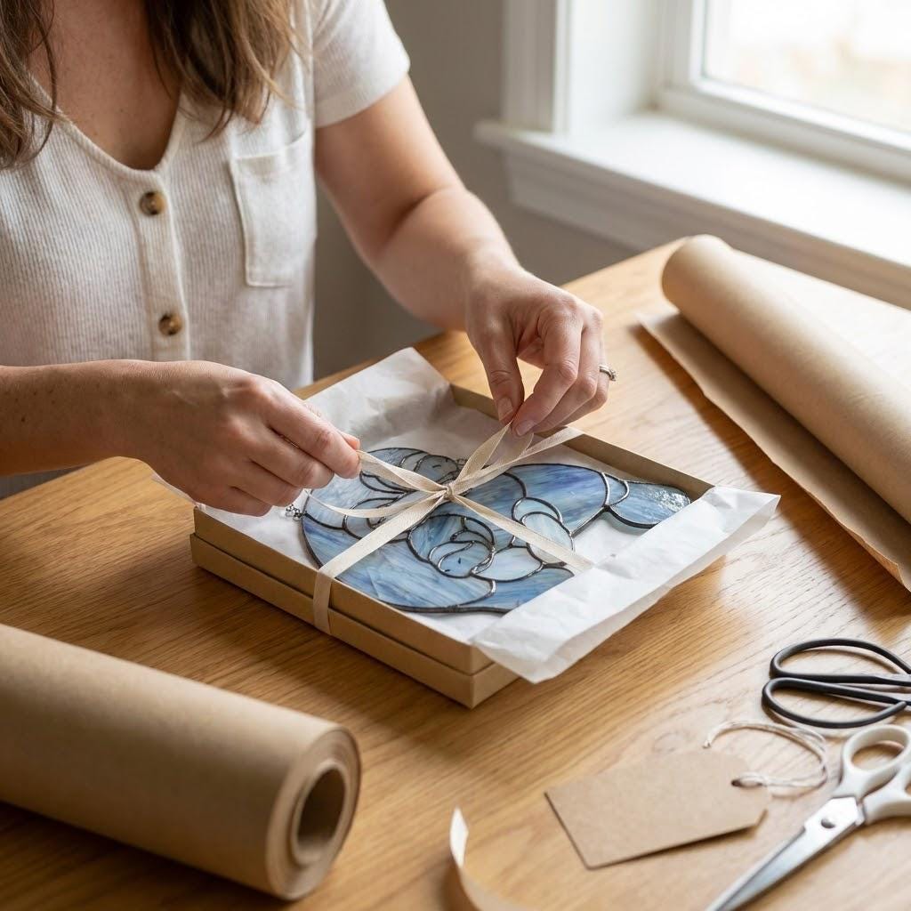 Handmade stained glass manatee suncatcher, mother and baby sea cow swimming, blue and white textured glass, ocean nursery decor, coastal window art.