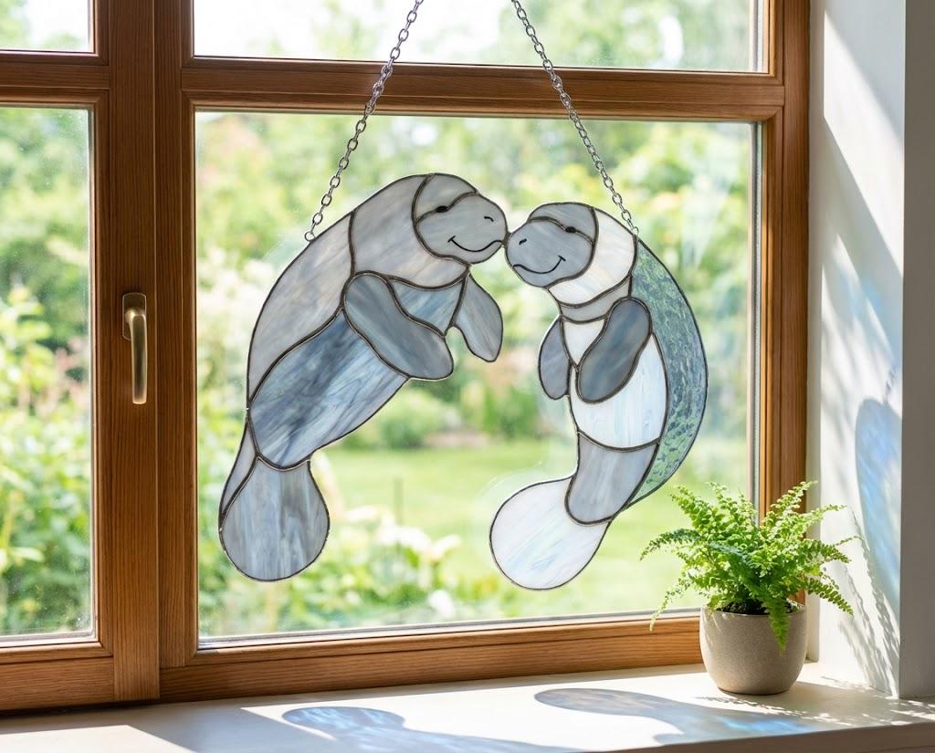 Handmade stained glass manatee suncatcher, mother and baby sea cow swimming, blue and white textured glass, ocean nursery decor, coastal window art.