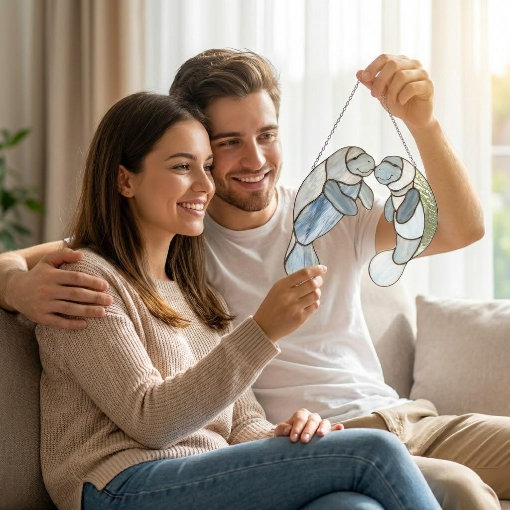 Handmade stained glass manatee suncatcher, mother and baby sea cow swimming, blue and white textured glass, ocean nursery decor, coastal window art.