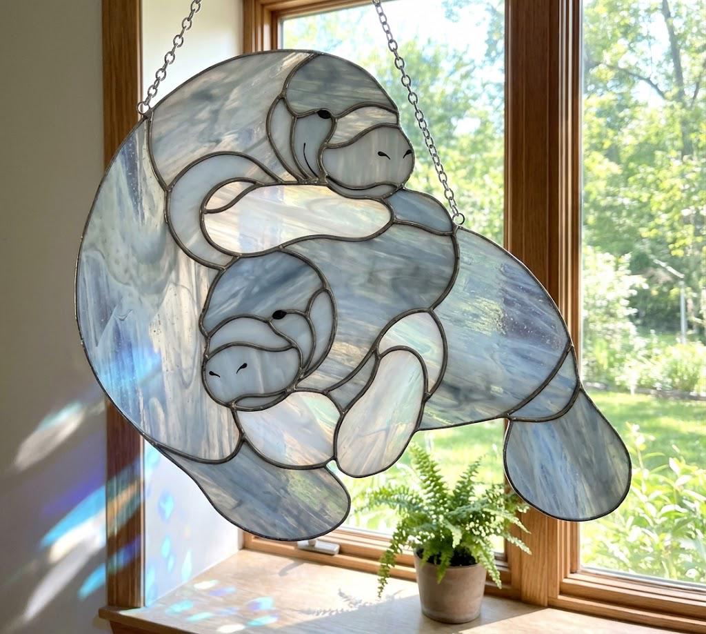 Handmade stained glass manatee suncatcher, mother and baby sea cow swimming, blue and white textured glass, ocean nursery decor, coastal window art.