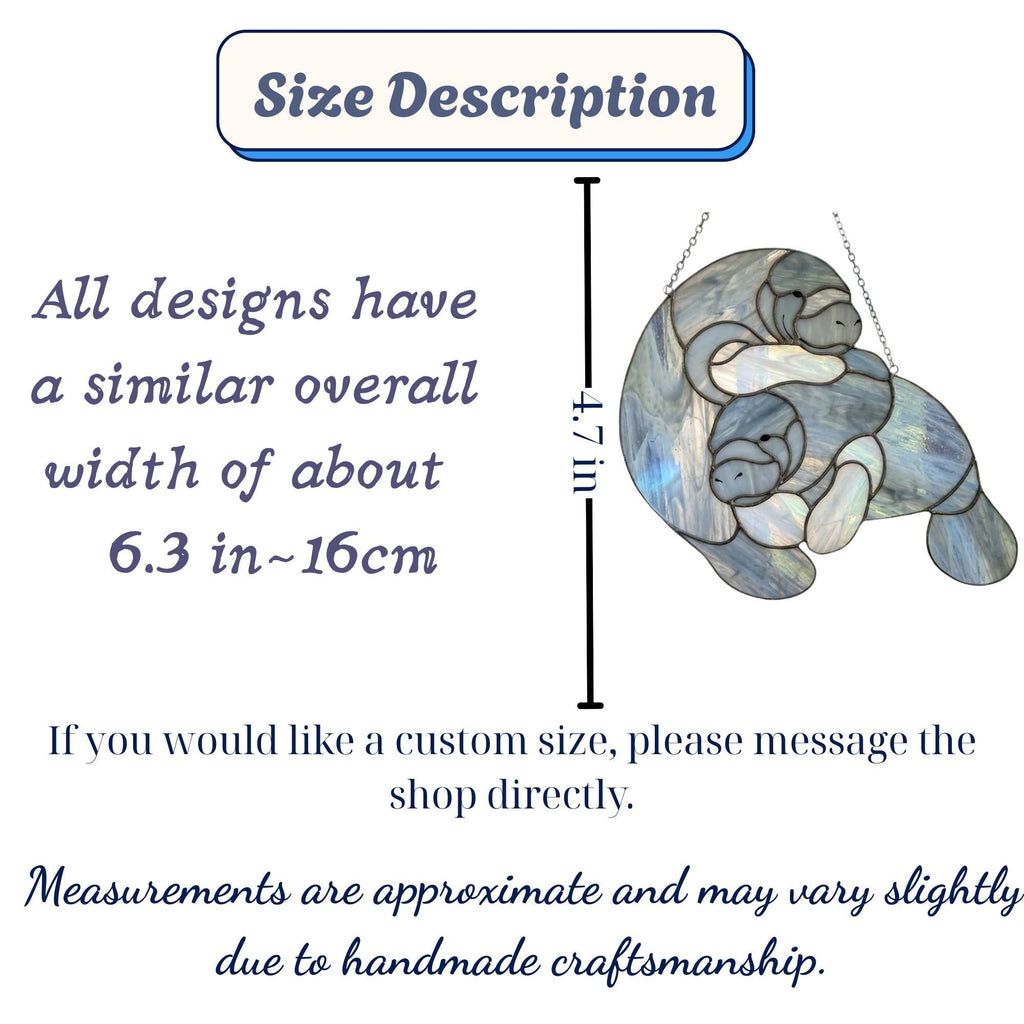 Handmade stained glass manatee suncatcher, mother and baby sea cow swimming, blue and white textured glass, ocean nursery decor, coastal window art.