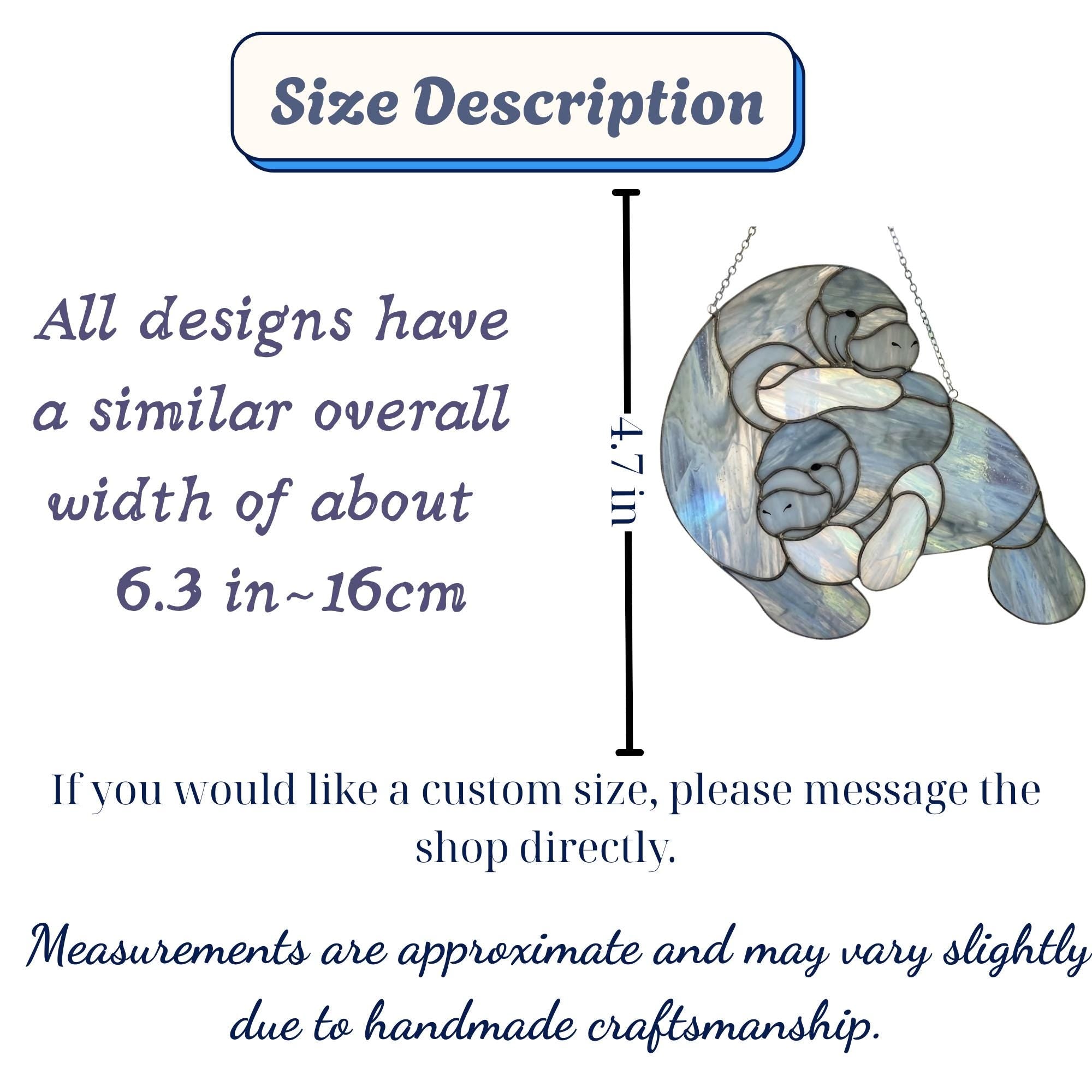 Handmade stained glass manatee suncatcher, mother and baby sea cow swimming, blue and white textured glass, ocean nursery decor, coastal window art.