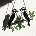 Handmade stained glass downy woodpecker suncatcher, realistic black and white bird window hanging, red headed woodpecker art, bird watcher gift for men.