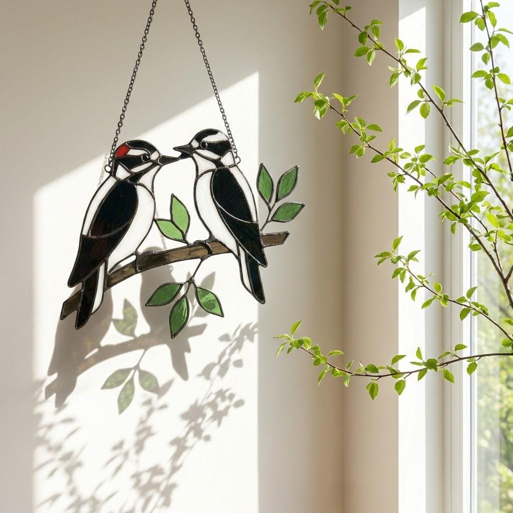 Handmade stained glass downy woodpecker suncatcher, realistic black and white bird window hanging, red headed woodpecker art, bird watcher gift for men.