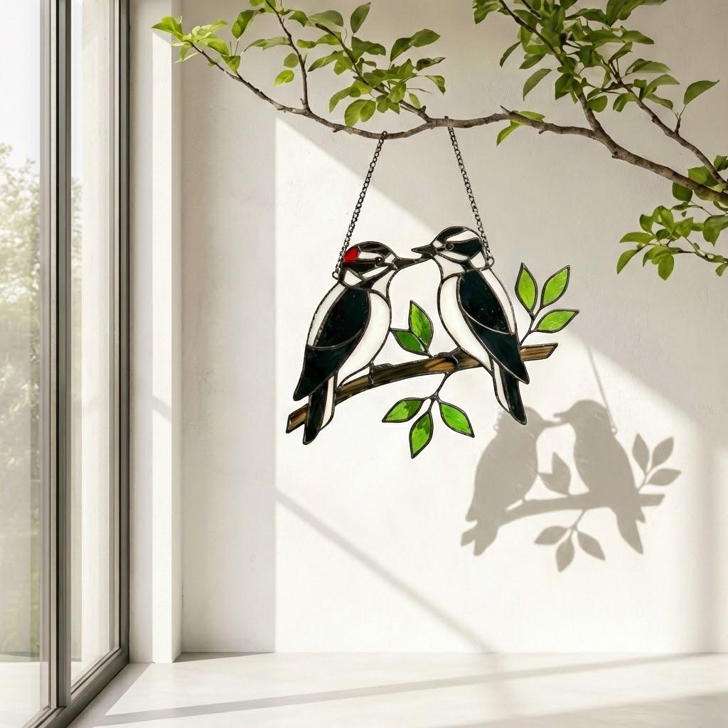 Handmade stained glass downy woodpecker suncatcher, realistic black and white bird window hanging, red headed woodpecker art, bird watcher gift for men.