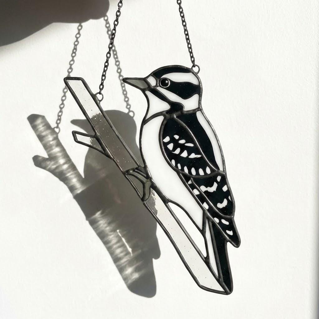 Handmade stained glass downy woodpecker suncatcher, realistic black and white bird window hanging, red headed woodpecker art, bird watcher gift for men.
