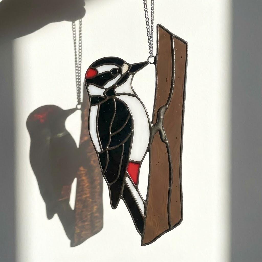 Handmade stained glass downy woodpecker suncatcher, realistic black and white bird window hanging, red headed woodpecker art, bird watcher gift for men.