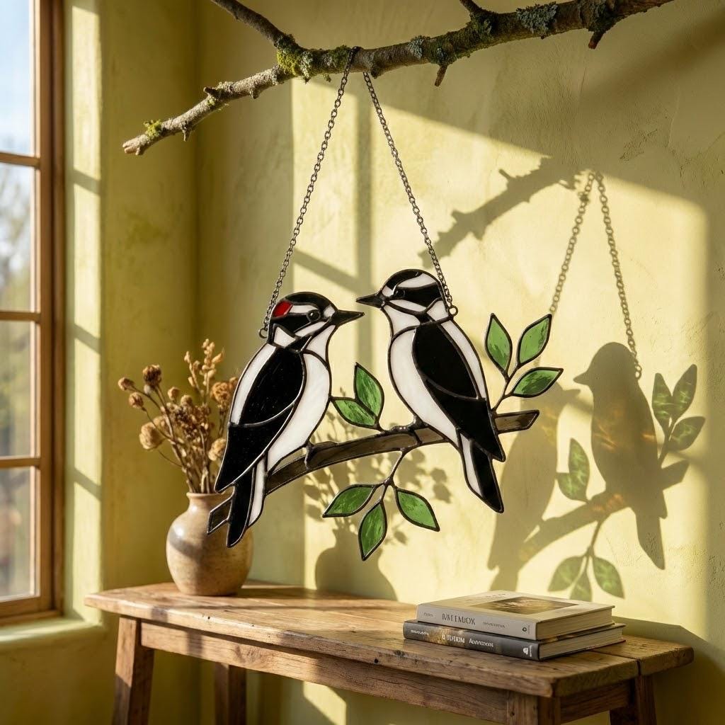 Handmade stained glass downy woodpecker suncatcher, realistic black and white bird window hanging, red headed woodpecker art, bird watcher gift for men.
