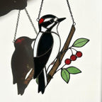 Handmade stained glass downy woodpecker suncatcher, realistic black and white bird window hanging, red headed woodpecker art, bird watcher gift for men.
