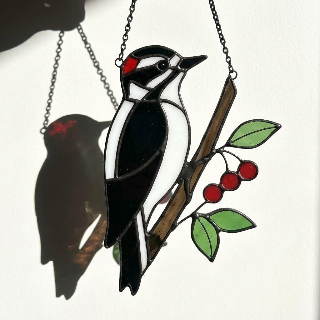 Handmade stained glass downy woodpecker suncatcher, realistic black and white bird window hanging, red headed woodpecker art, bird watcher gift for men.