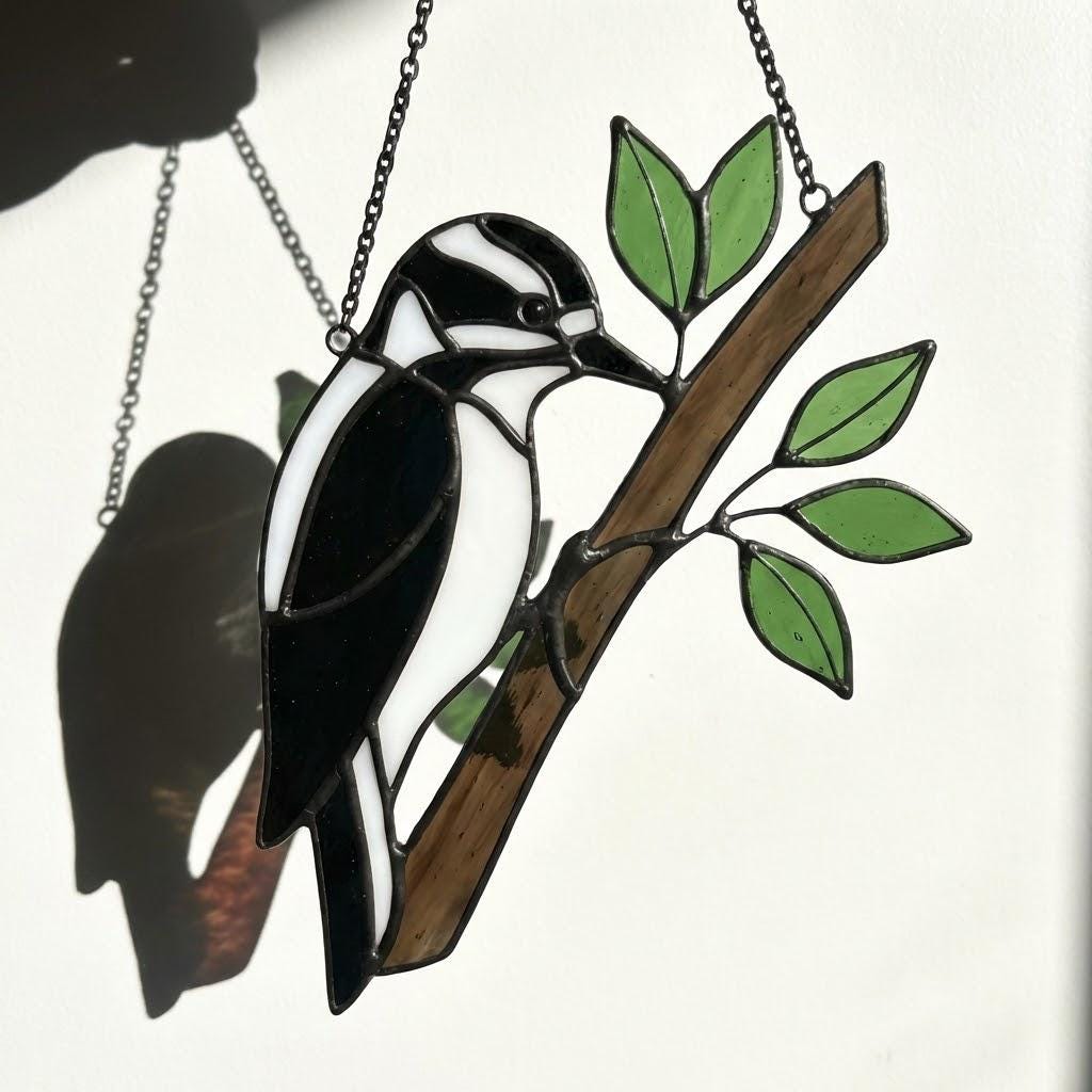 Handmade stained glass downy woodpecker suncatcher, realistic black and white bird window hanging, red headed woodpecker art, bird watcher gift for men.