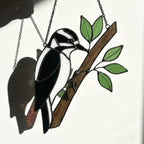 Handmade stained glass downy woodpecker suncatcher, realistic black and white bird window hanging, red headed woodpecker art, bird watcher gift for men.