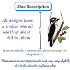 Handmade stained glass downy woodpecker suncatcher, realistic black and white bird window hanging, red headed woodpecker art, bird watcher gift for men.