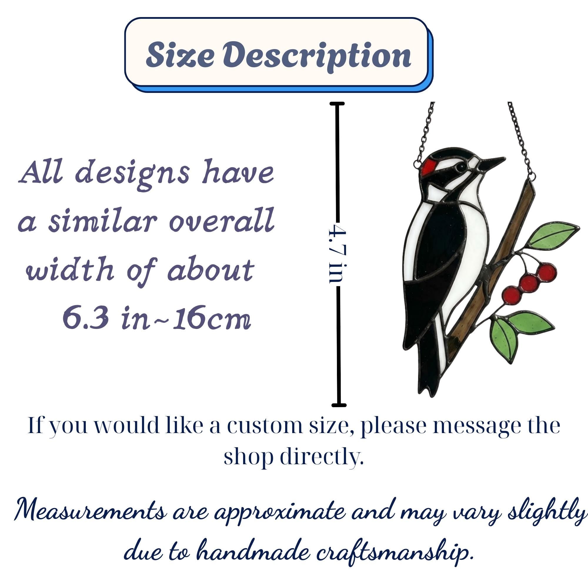 Handmade stained glass downy woodpecker suncatcher, realistic black and white bird window hanging, red headed woodpecker art, bird watcher gift for men.