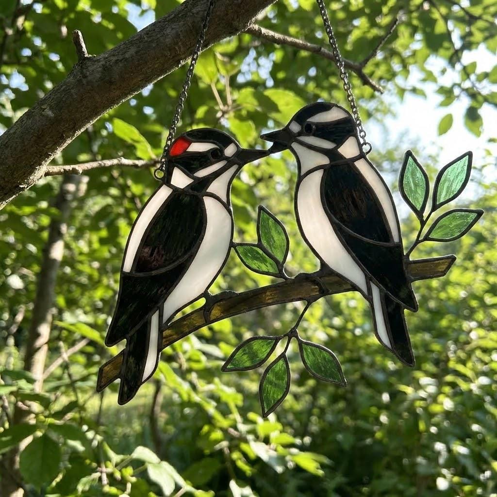 Handmade stained glass downy woodpecker suncatcher, realistic black and white bird window hanging, red headed woodpecker art, bird watcher gift for men.
