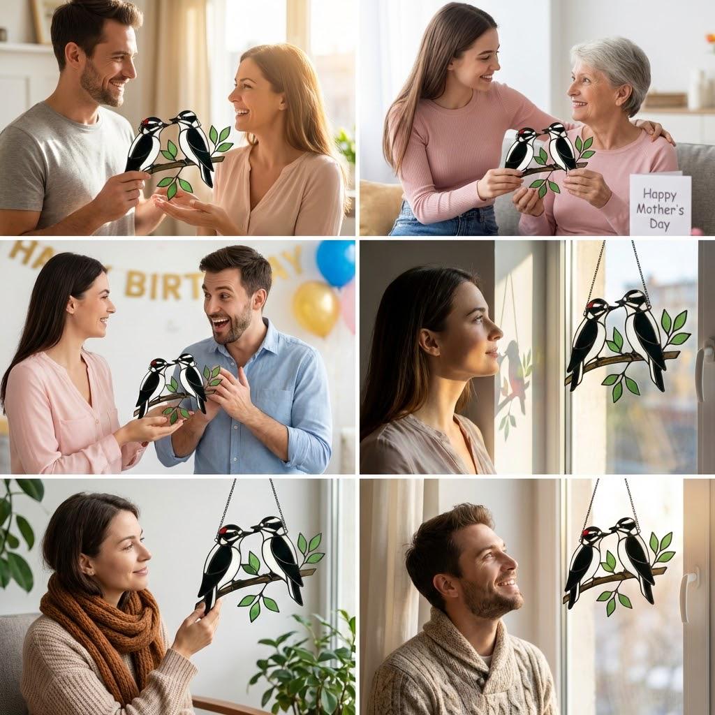 Handmade stained glass downy woodpecker suncatcher, realistic black and white bird window hanging, red headed woodpecker art, bird watcher gift for men.