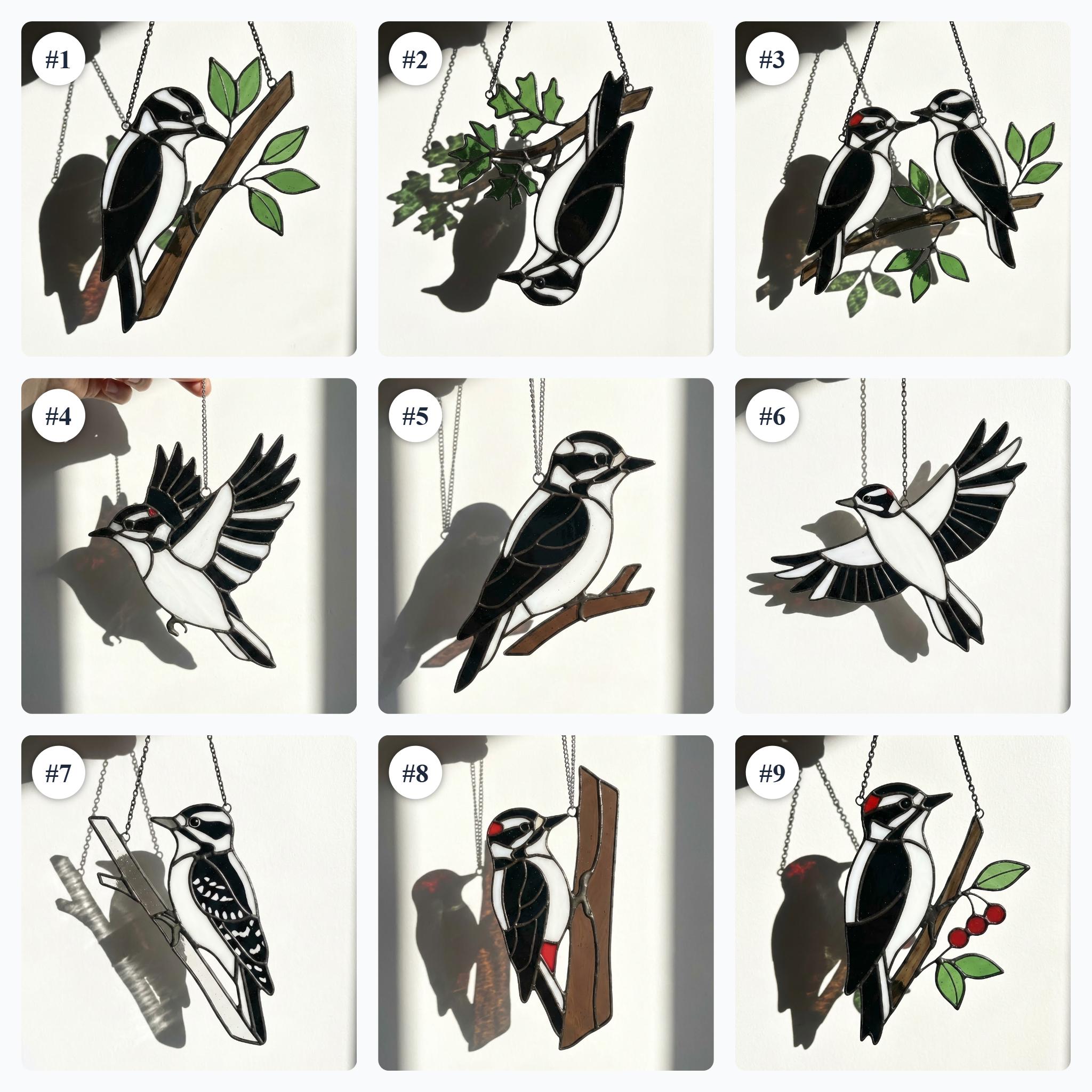Handmade stained glass downy woodpecker suncatcher, realistic black and white bird window hanging, red headed woodpecker art, bird watcher gift for men.