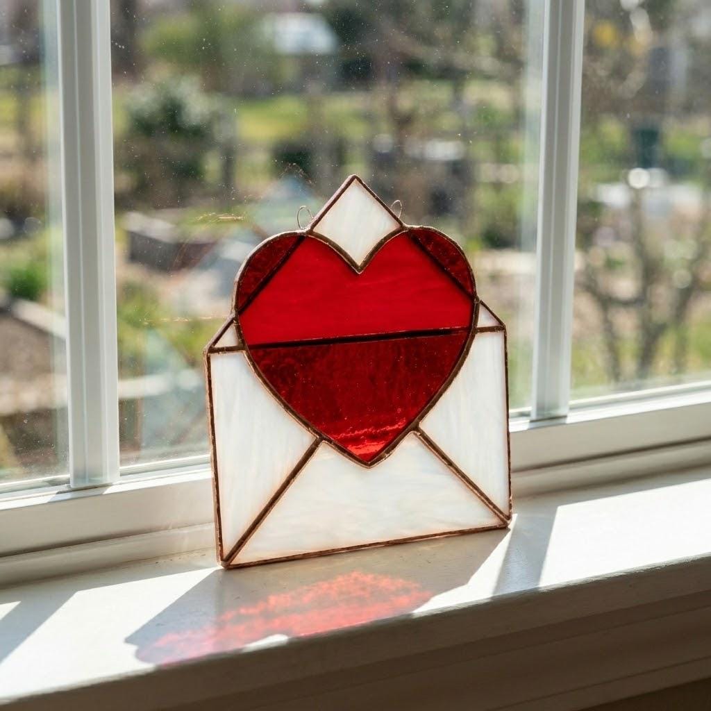Handmade stained glass love letter envelope with red heart, romantic suncatcher for girlfriend, long distance relationship gift, valentine decor.