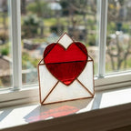 Handmade stained glass love letter envelope with red heart, romantic suncatcher for girlfriend, long distance relationship gift, valentine decor.