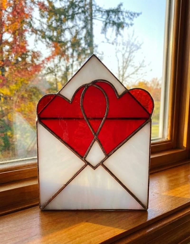 Handmade stained glass love letter envelope with red heart, romantic suncatcher for girlfriend, long distance relationship gift, valentine decor.