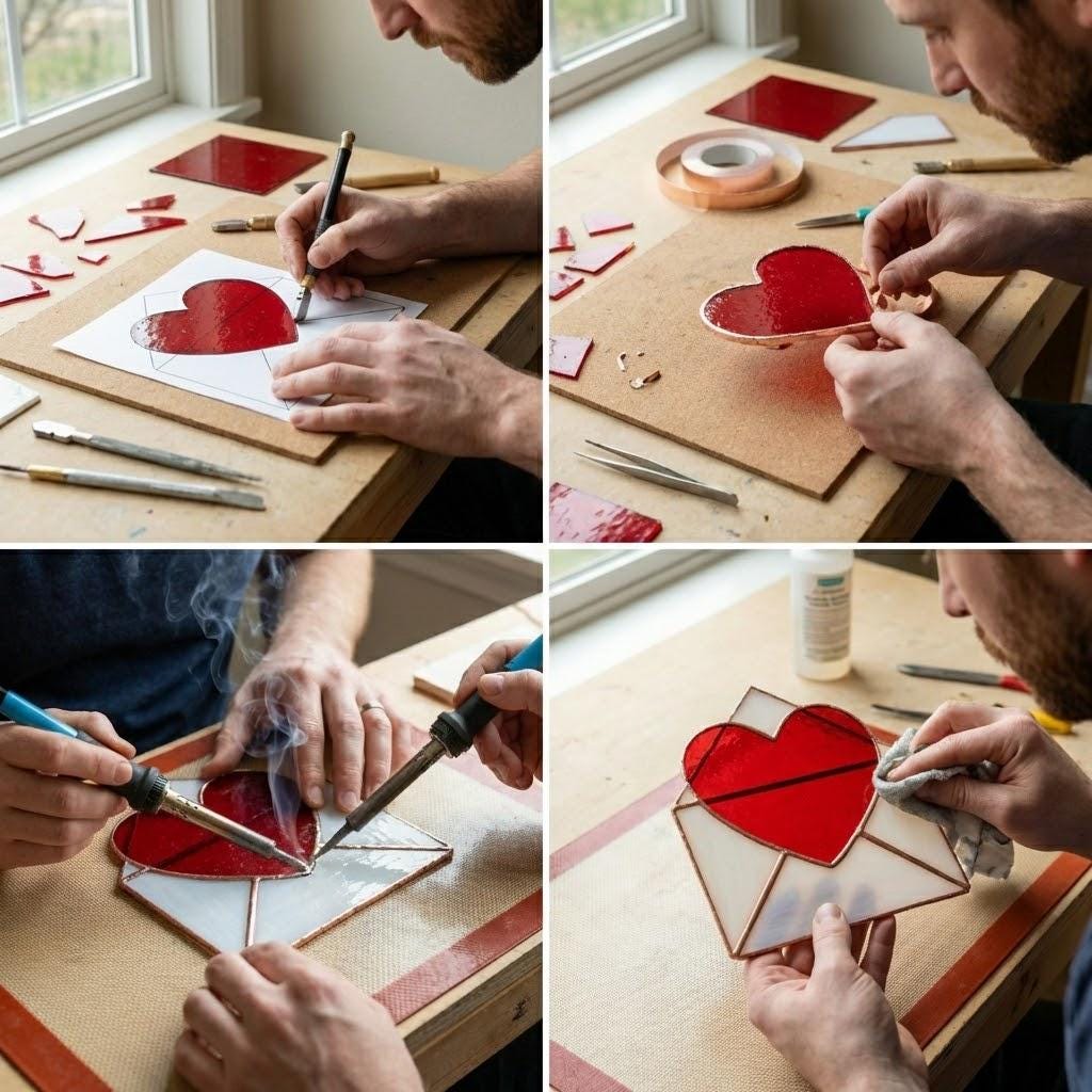 Handmade stained glass love letter envelope with red heart, romantic suncatcher for girlfriend, long distance relationship gift, valentine decor.
