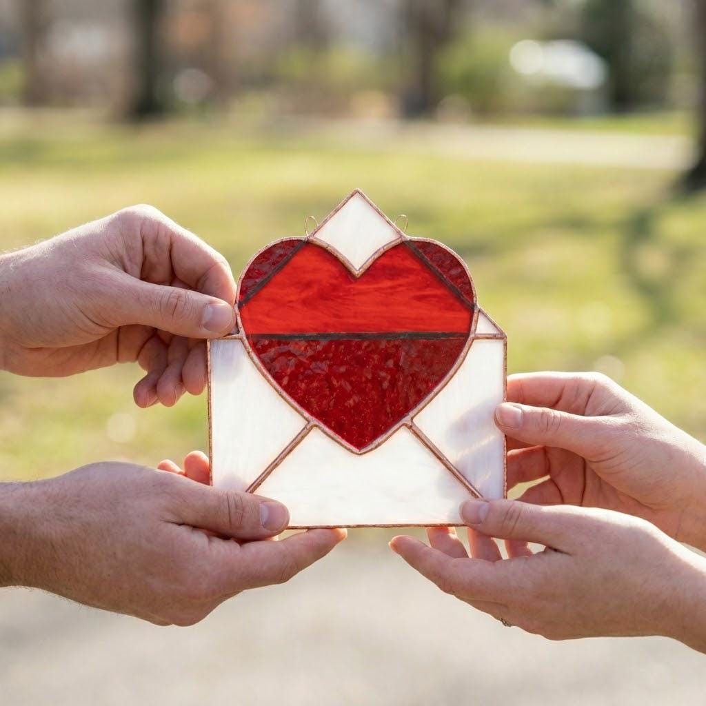 Handmade stained glass love letter envelope with red heart, romantic suncatcher for girlfriend, long distance relationship gift, valentine decor.
