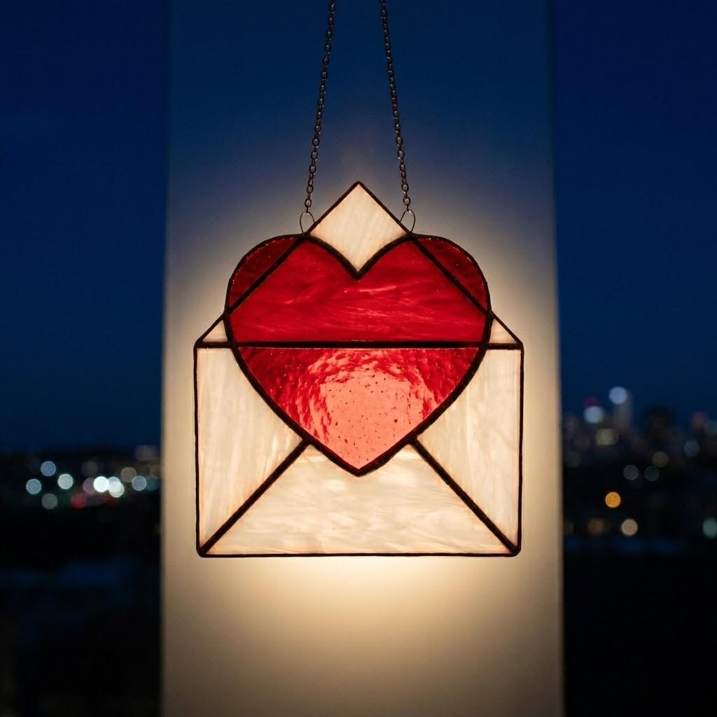 Handmade stained glass love letter envelope with red heart, romantic suncatcher for girlfriend, long distance relationship gift, valentine decor.