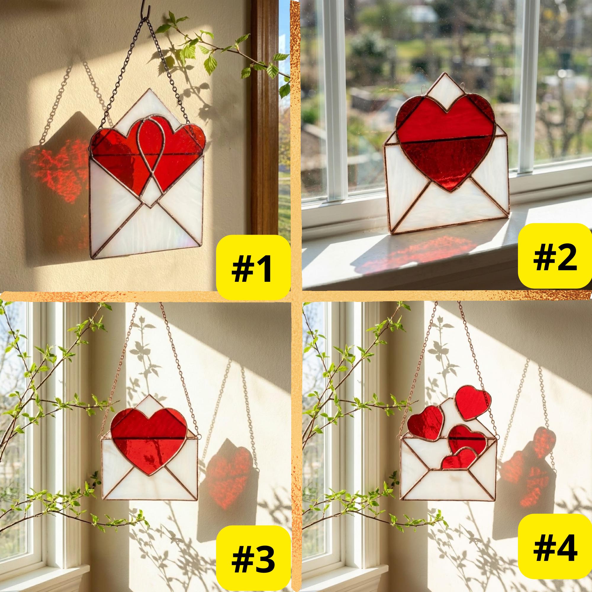Handmade stained glass love letter envelope with red heart, romantic suncatcher for girlfriend, long distance relationship gift, valentine decor.