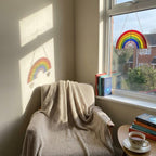 Handmade stained glass rainbow suncatcher with personalized wooden name tag, rainbow bridge pet memorial gift for dog or cat loss, hanging glass hearts.