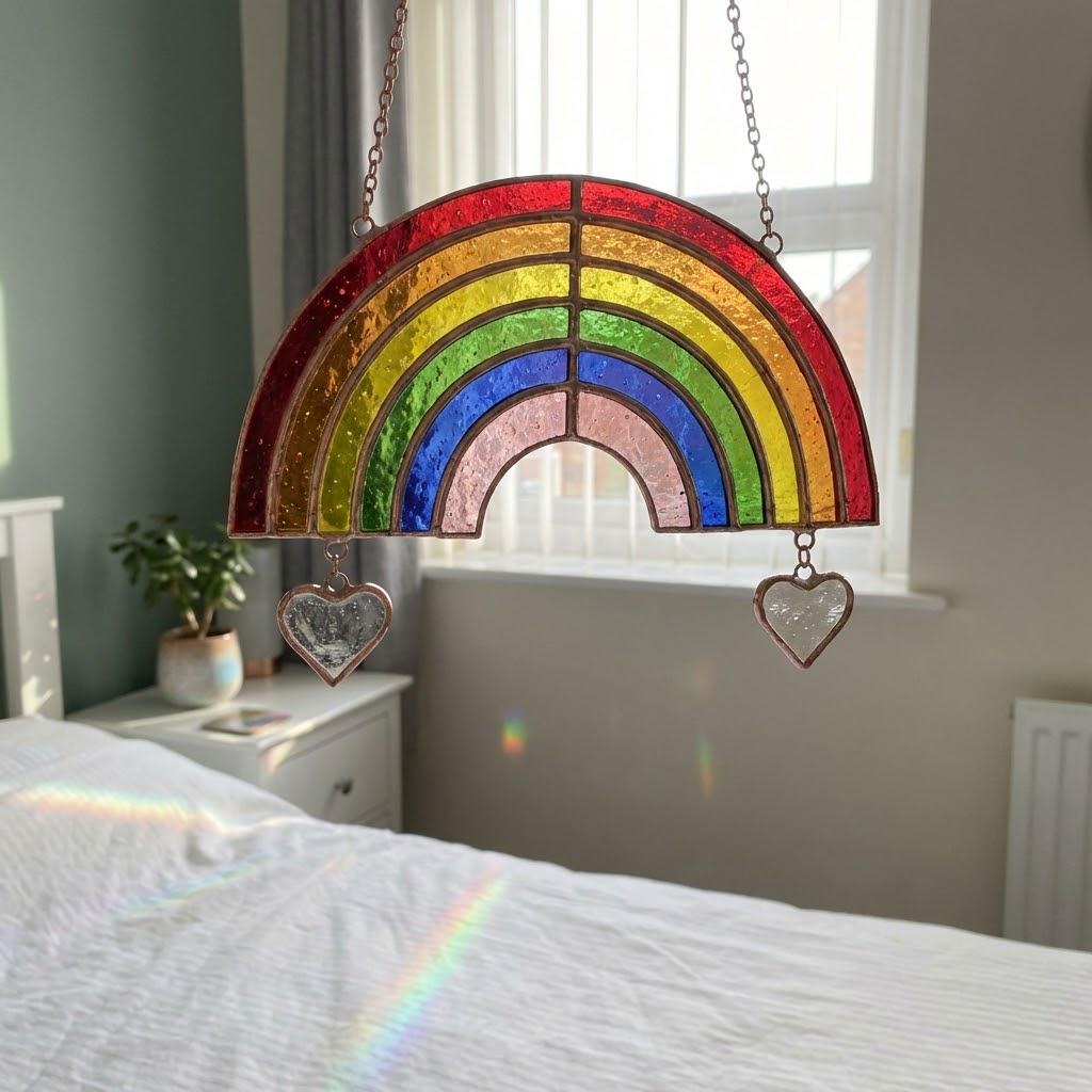 Handmade stained glass rainbow suncatcher with personalized wooden name tag, rainbow bridge pet memorial gift for dog or cat loss, hanging glass hearts.