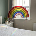 Handmade stained glass rainbow suncatcher with personalized wooden name tag, rainbow bridge pet memorial gift for dog or cat loss, hanging glass hearts.