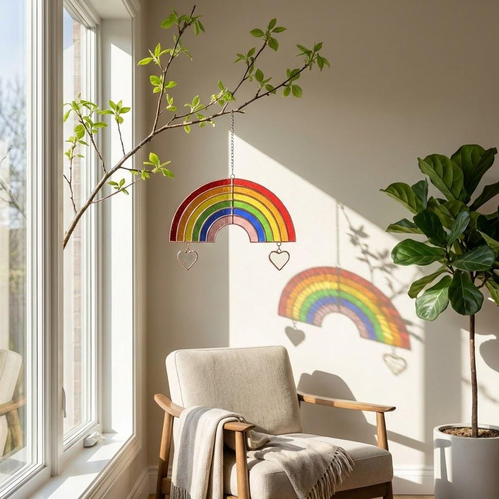 Handmade stained glass rainbow suncatcher with personalized wooden name tag, rainbow bridge pet memorial gift for dog or cat loss, hanging glass hearts.