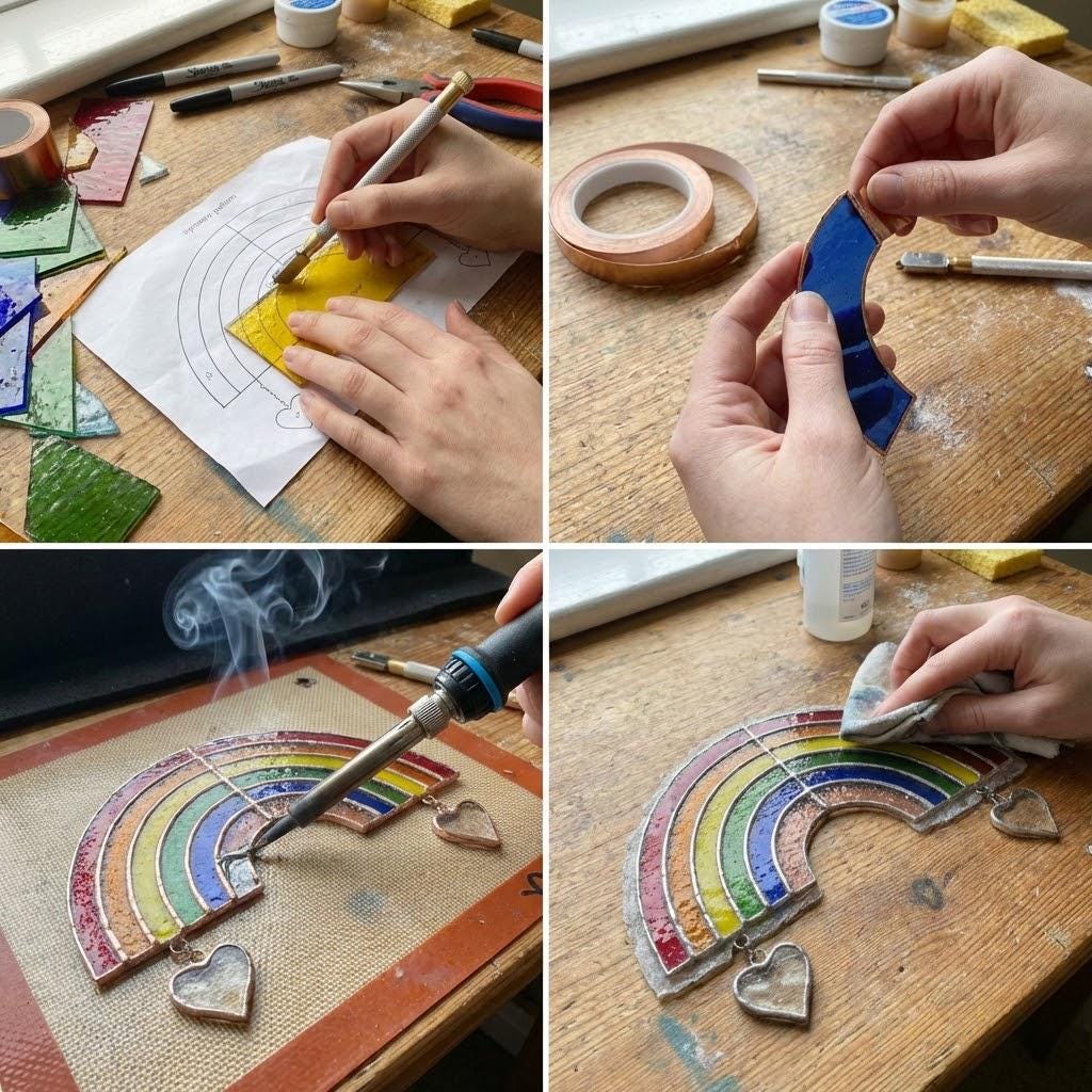 Handmade stained glass rainbow suncatcher with personalized wooden name tag, rainbow bridge pet memorial gift for dog or cat loss, hanging glass hearts.