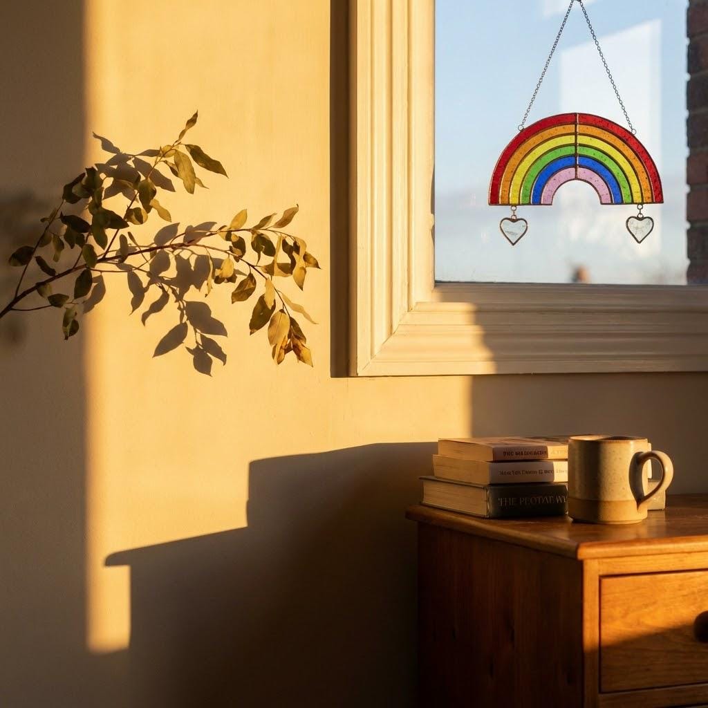 Handmade stained glass rainbow suncatcher with personalized wooden name tag, rainbow bridge pet memorial gift for dog or cat loss, hanging glass hearts.