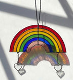 Handmade stained glass rainbow suncatcher with personalized wooden name tag, rainbow bridge pet memorial gift for dog or cat loss, hanging glass hearts.