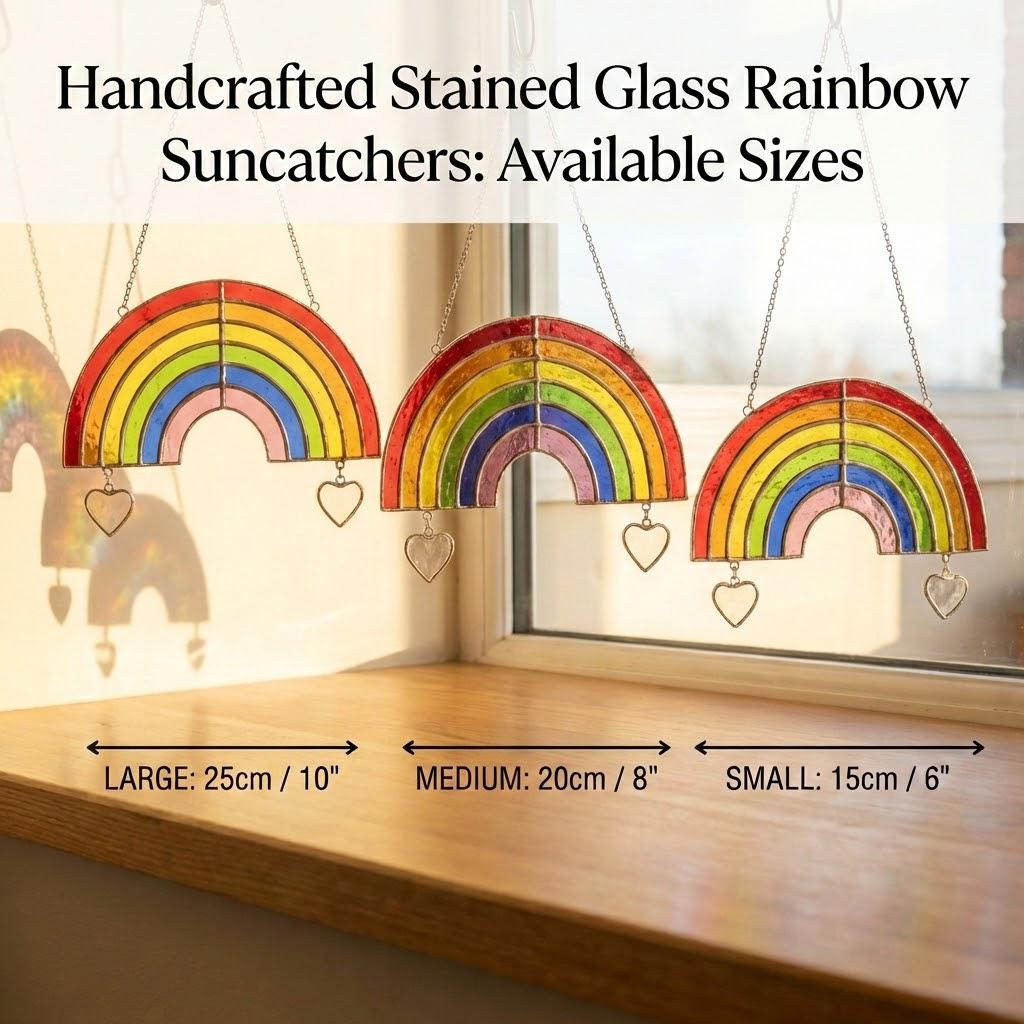 Handmade stained glass rainbow suncatcher with personalized wooden name tag, rainbow bridge pet memorial gift for dog or cat loss, hanging glass hearts.