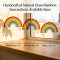 Handmade stained glass rainbow suncatcher with personalized wooden name tag, rainbow bridge pet memorial gift for dog or cat loss, hanging glass hearts.