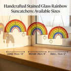 Handmade stained glass rainbow suncatcher with personalized wooden name tag, rainbow bridge pet memorial gift for dog or cat loss, hanging glass hearts.